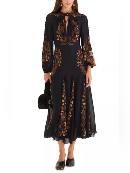 FARM Rio Dresses & Skirts - FARM Rio Berry Garden Black Maxi Floral Embroidery Long Sleeves Dress Sz XLarge